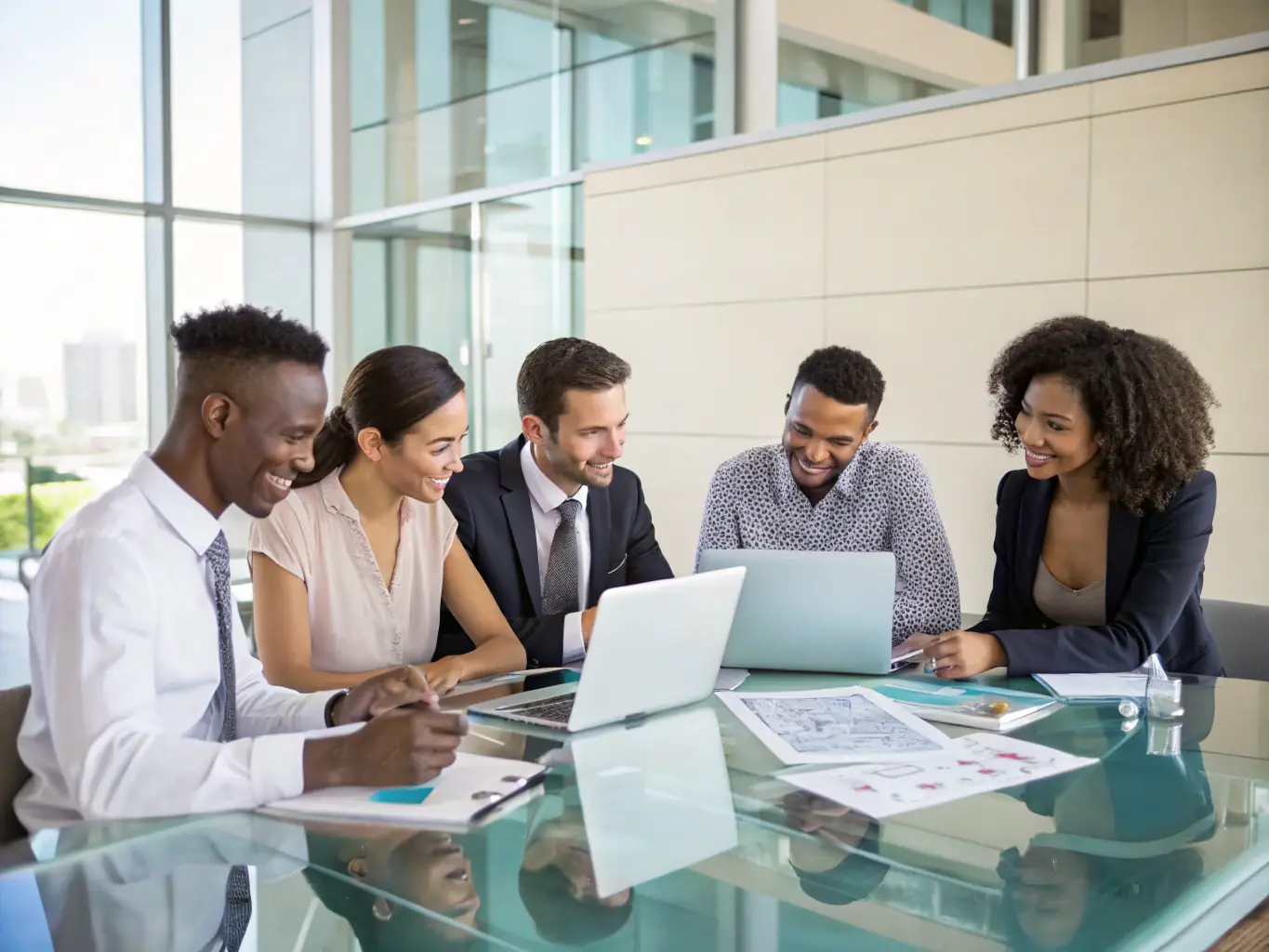 A diverse team of policy researchers collaborating on a project, showcasing the Centre's interdisciplinary approach to regulatory reform.