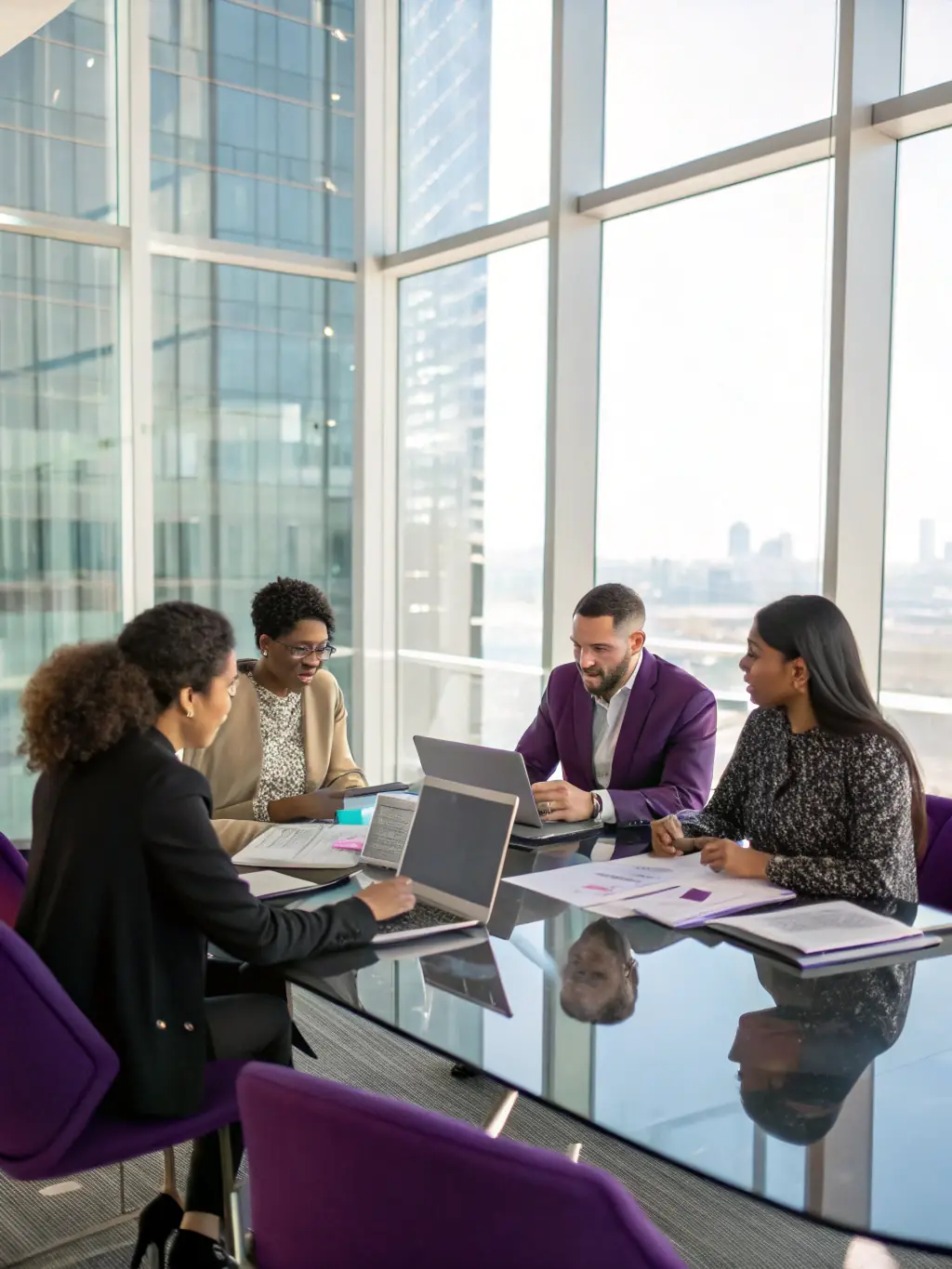 A depiction of equitable governance, such as a diverse group of people participating in a fair and inclusive decision-making process.