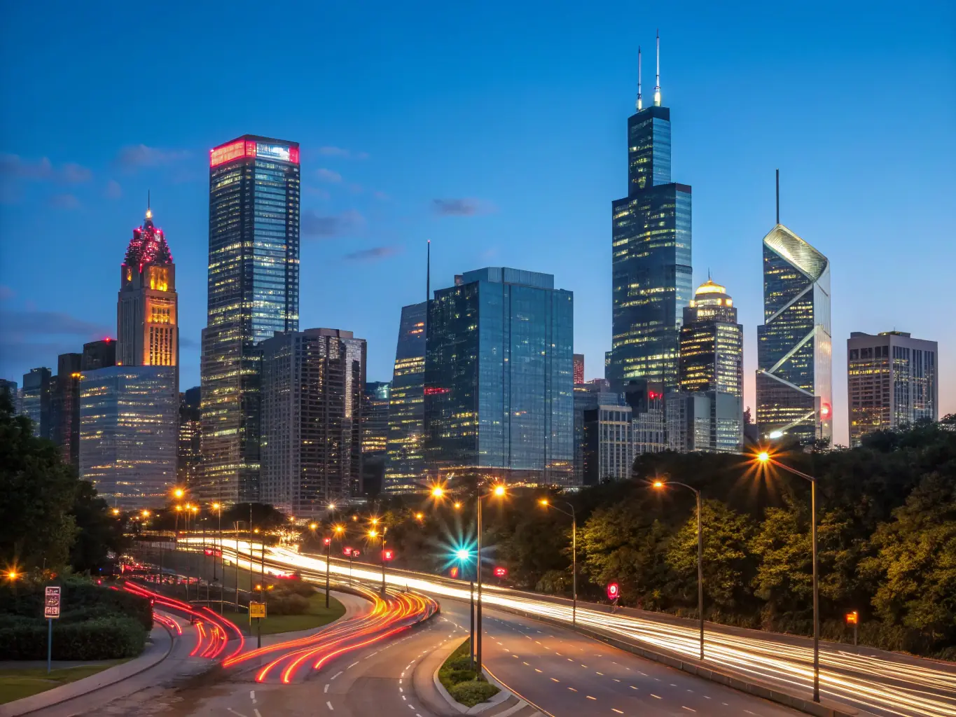 An aerial view of a modern city skyline at dusk, symbolizing AI and data-driven governance models, with illuminated buildings and flowing traffic.
