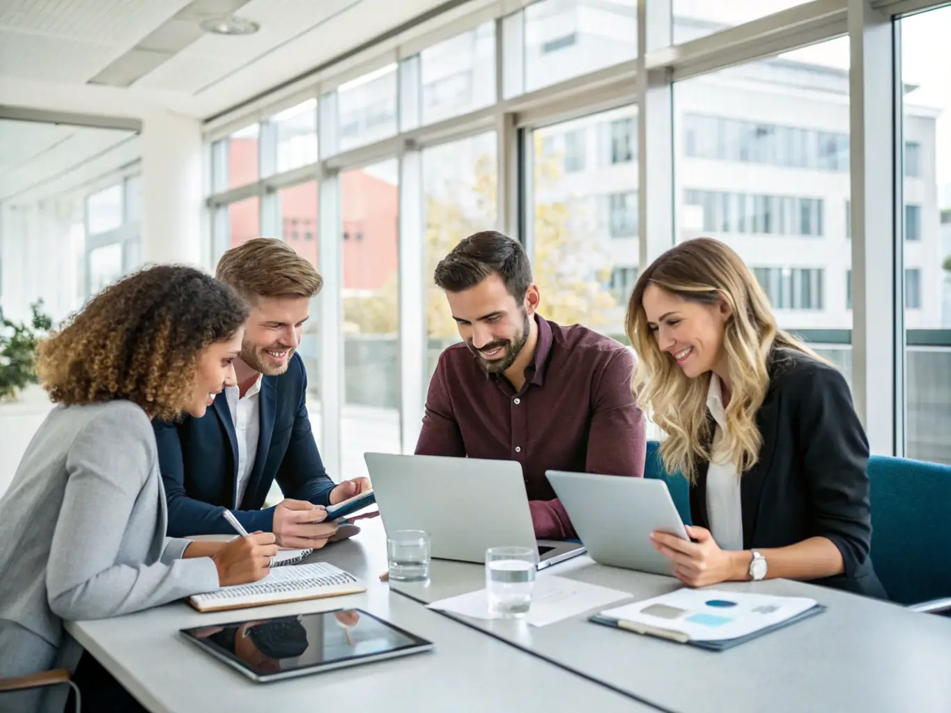 A modern office space with researchers brainstorming, representing the Centre's innovative advisory services and collaborative environment.
