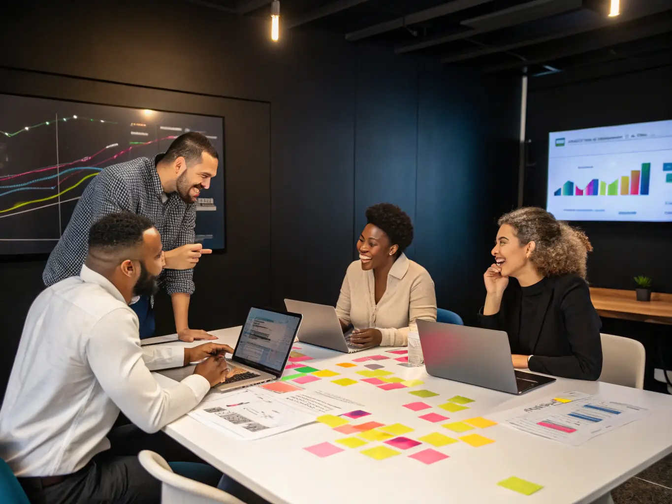 A diverse group of researchers collaborating on a project, surrounded by books and digital displays showing data visualizations related to economic trends and policy impacts.