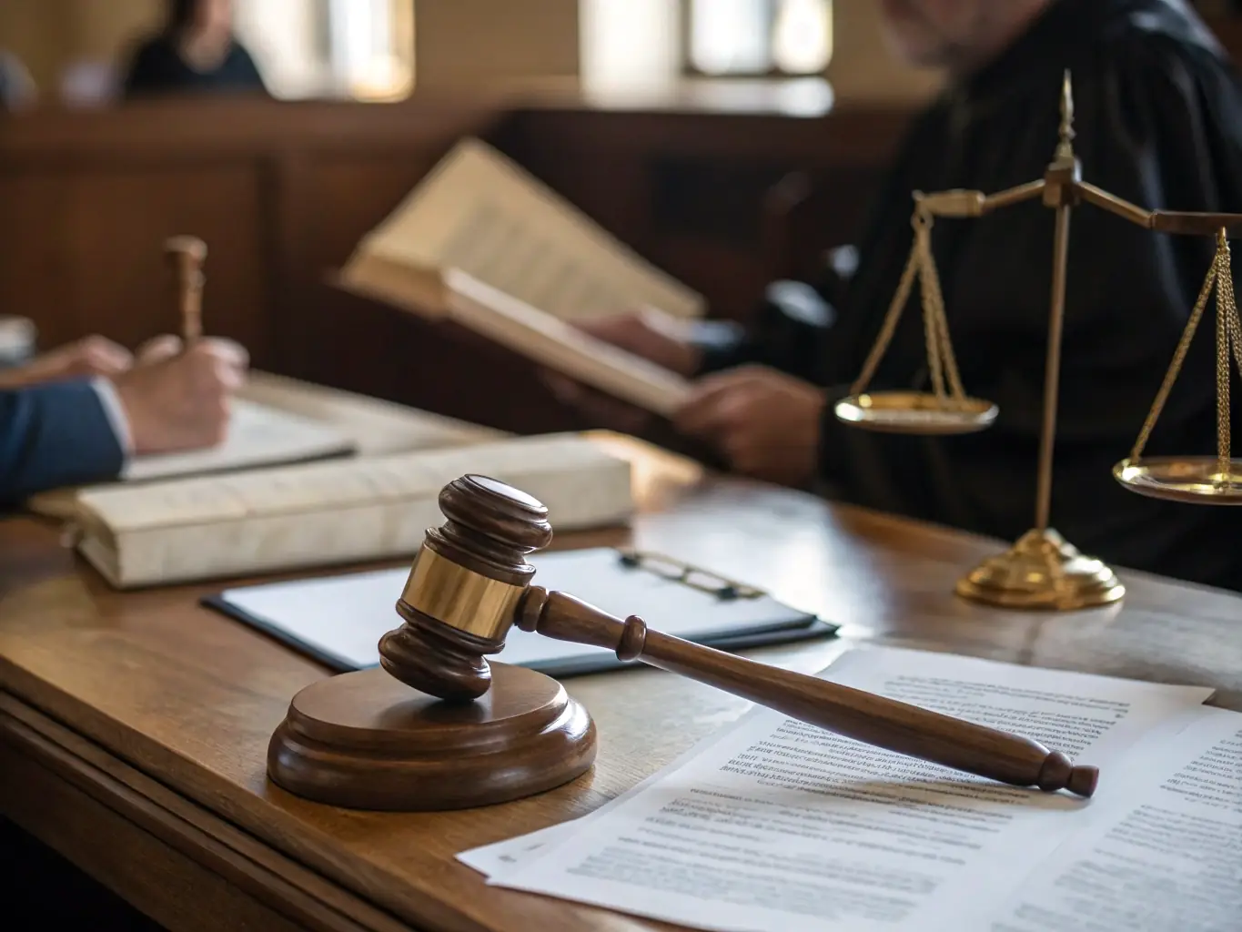 A close-up shot of legal documents and a gavel, symbolizing regulatory framework design and compliance strategy, with a blurred background of a modern office setting.